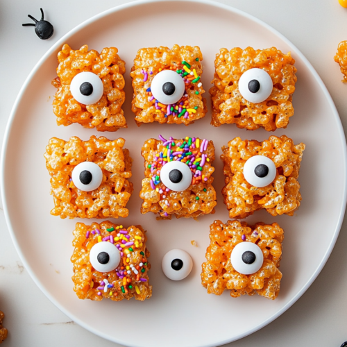 A top-down view of Halloween-themed Rice Krispies Treats arranged on a white ceramic plate with colorful sprinkles and candy eyeballs, placed on a clean white marble countertop.