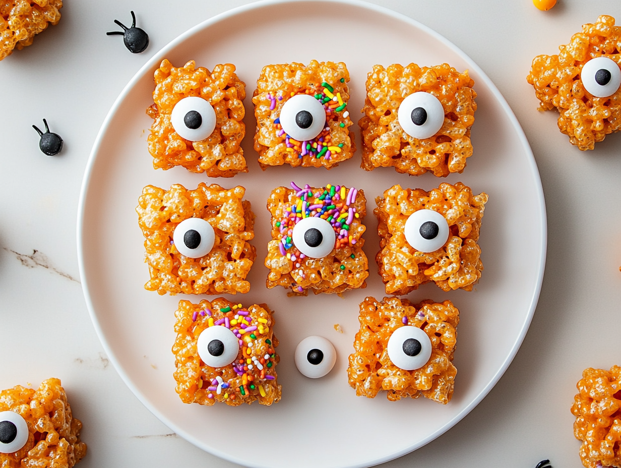 A top-down view of Halloween-themed Rice Krispies Treats arranged on a white ceramic plate with colorful sprinkles and candy eyeballs, placed on a clean white marble countertop.