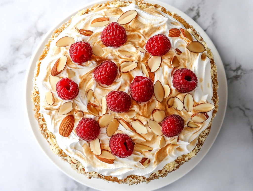 A top-down view of the completed Heaven Cake, beautifully garnished with fresh raspberries and a dusting of powdered sugar, placed on a white marble countertop. The layers are visible, showcasing the light whipped cream filling and golden meringue crust. The simple and clean background emphasizes the cake's delicate and inviting appearance, ready to be served chilled.