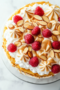 A top-down view of the completed Heaven Cake, beautifully garnished with fresh raspberries and a dusting of powdered sugar, placed on a white marble countertop. The layers are visible, showcasing the light whipped cream filling and golden meringue crust. The simple and clean background emphasizes the cake's delicate and inviting appearance, ready to be served chilled.