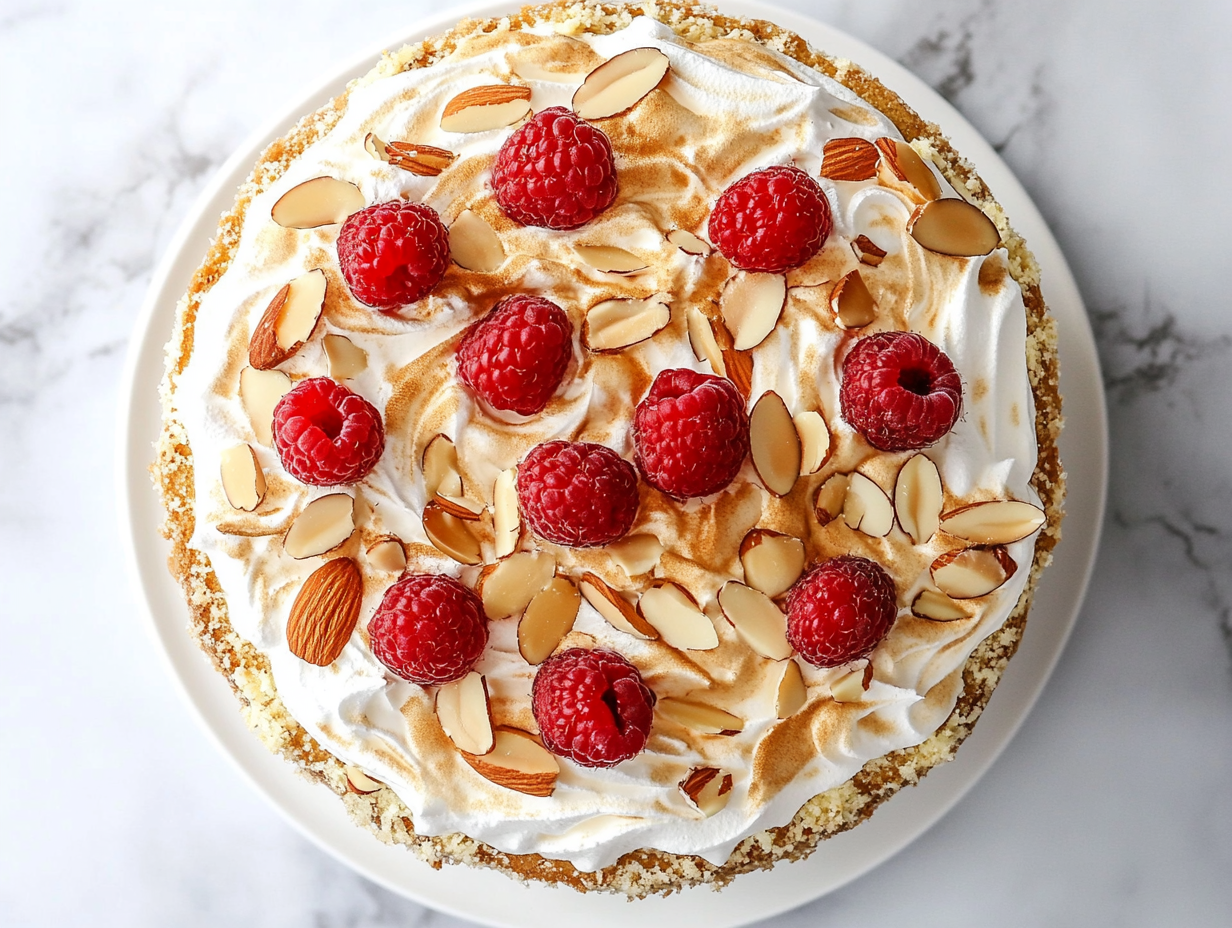 A top-down view of the completed Heaven Cake, beautifully garnished with fresh raspberries and a dusting of powdered sugar, placed on a white marble countertop. The layers are visible, showcasing the light whipped cream filling and golden meringue crust. The simple and clean background emphasizes the cake's delicate and inviting appearance, ready to be served chilled.