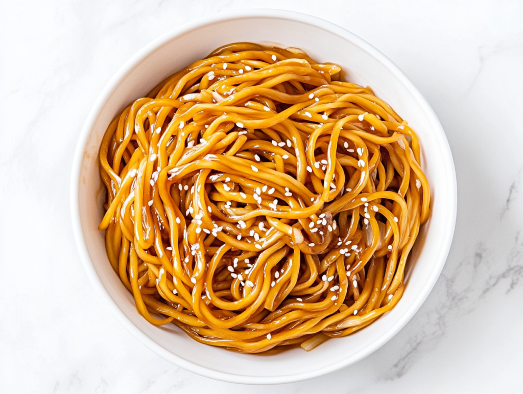 A delicious bowl of stir-fried soy garlic noodles served in a clean white ceramic bowl placed on a white marble countertop. The noodles are golden brown and glossy, coated in a savory soy and teriyaki sauce, and garnished with white sesame seeds. Bits of sautéed garlic, ginger, and onions are visible, making it look rich and flavorful. The minimal, bright background keeps the focus on the warm and comforting dish, ready to be served hot.