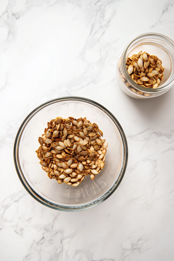 A glass storage jar filled with crispy roasted pumpkin seeds sits next to a clear bowl of the remaining seeds on a white marble countertop. The seeds appear crunchy and golden, ready to be enjoyed or stored. This final image completes the process, showing the recipe’s long-lasting appeal and simple storage in a clean, attractive presentation.