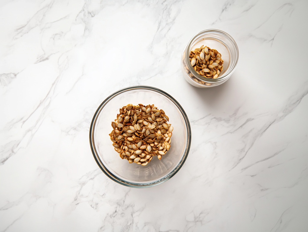 A glass storage jar filled with crispy roasted pumpkin seeds sits next to a clear bowl of the remaining seeds on a white marble countertop. The seeds appear crunchy and golden, ready to be enjoyed or stored. This final image completes the process, showing the recipe’s long-lasting appeal and simple storage in a clean, attractive presentation.