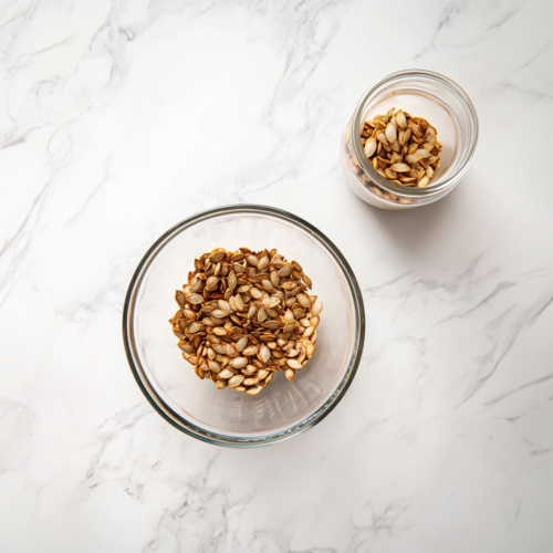 A glass storage jar filled with crispy roasted pumpkin seeds sits next to a clear bowl of the remaining seeds on a white marble countertop. The seeds appear crunchy and golden, ready to be enjoyed or stored. This final image completes the process, showing the recipe’s long-lasting appeal and simple storage in a clean, attractive presentation.