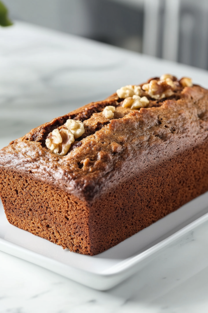 Top-down view of a freshly baked homemade banana bread loaf resting on a white ceramic plate placed over a clean white marble countertop. The golden-brown crust shows visible cracks and embedded walnut bits, highlighting its soft texture. The setup is minimal and visually clean, offering a warm and inviting bakery-style presentation that emphasizes comfort and simplicity.