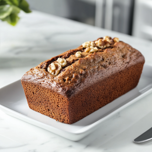 Top-down view of a freshly baked homemade banana bread loaf resting on a white ceramic plate placed over a clean white marble countertop. The golden-brown crust shows visible cracks and embedded walnut bits, highlighting its soft texture. The setup is minimal and visually clean, offering a warm and inviting bakery-style presentation that emphasizes comfort and simplicity.