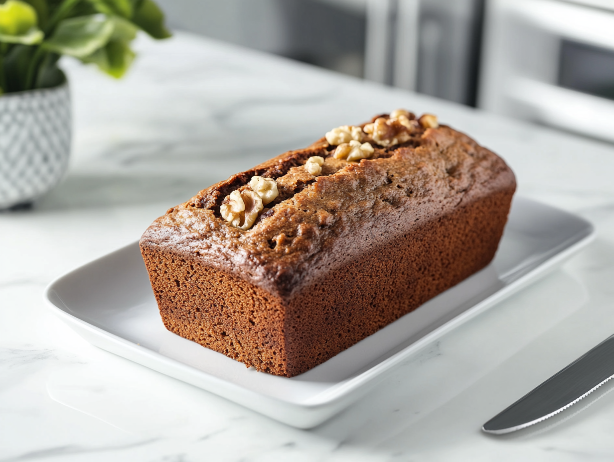 Top-down view of a freshly baked homemade banana bread loaf resting on a white ceramic plate placed over a clean white marble countertop. The golden-brown crust shows visible cracks and embedded walnut bits, highlighting its soft texture. The setup is minimal and visually clean, offering a warm and inviting bakery-style presentation that emphasizes comfort and simplicity.