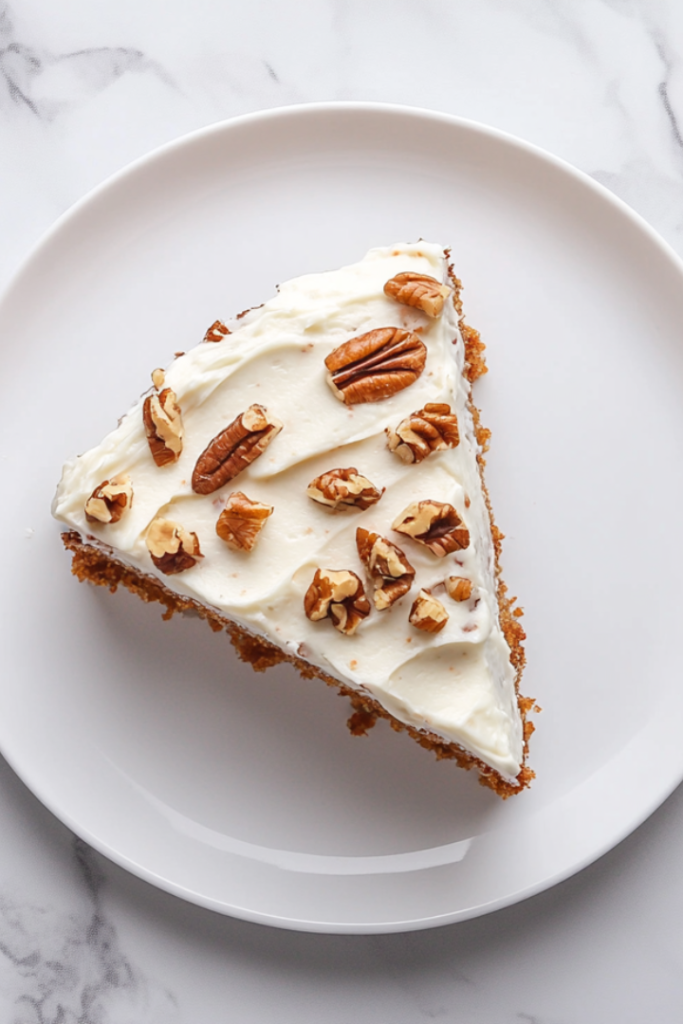 A top-down view of a moist slice of homemade carrot cake topped with creamy sugar-free cream cheese frosting and sprinkled with chopped pecans. The cake sits on a simple white ceramic plate over a white marble countertop. The rich orange crumbs and white frosting contrast beautifully, giving it a warm and rustic bakery-style appeal.