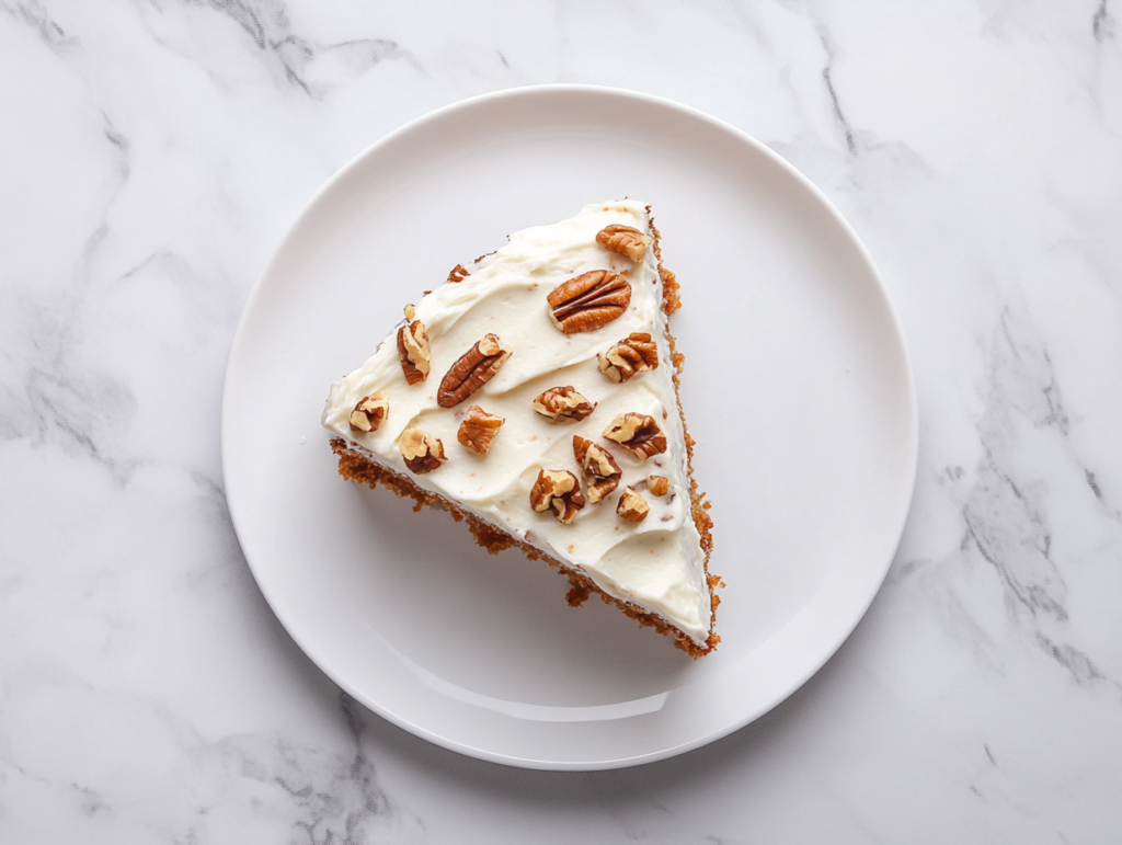 A top-down view of a moist slice of homemade carrot cake topped with creamy sugar-free cream cheese frosting and sprinkled with chopped pecans. The cake sits on a simple white ceramic plate over a white marble countertop. The rich orange crumbs and white frosting contrast beautifully, giving it a warm and rustic bakery-style appeal.
