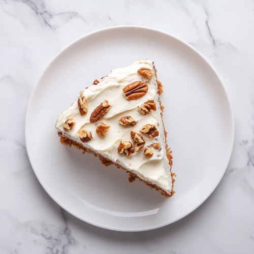 A top-down view of a moist slice of homemade carrot cake topped with creamy sugar-free cream cheese frosting and sprinkled with chopped pecans. The cake sits on a simple white ceramic plate over a white marble countertop. The rich orange crumbs and white frosting contrast beautifully, giving it a warm and rustic bakery-style appeal.