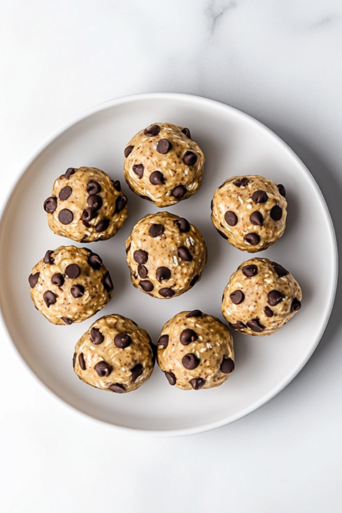 A top-down view of finished no-bake energy bites made with creamy cashew butter, oats, flaxseed, and mini chocolate chips. The bites are perfectly round and arranged on a white ceramic plate, highlighting their chewy texture and speckled chocolate chips. The clean, white marble background enhances the wholesome and homemade look of this protein-rich snack.