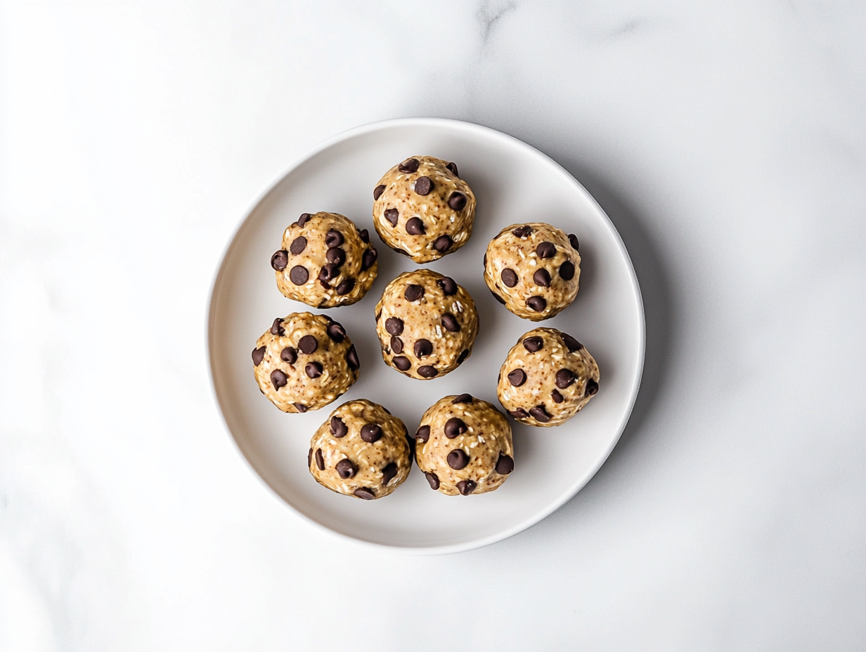 A top-down view of finished no-bake energy bites made with creamy cashew butter, oats, flaxseed, and mini chocolate chips. The bites are perfectly round and arranged on a white ceramic plate, highlighting their chewy texture and speckled chocolate chips. The clean, white marble background enhances the wholesome and homemade look of this protein-rich snack.