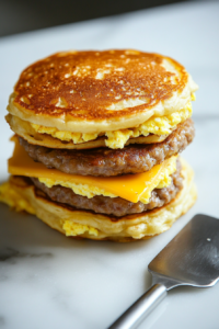 On a white marble countertop, a breakfast pancake sandwich is being assembled. A golden pancake sits at the base, followed by a crispy sausage patty, a slice of melted cheese, and fluffy scrambled eggs, with another pancake placed on top. A stainless steel spatula rests beside the stack, showing the assembly process.