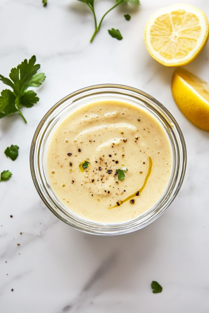 A bowl of creamy lemon garlic sauce is shown placed on a clean white marble countertop. The sauce is pale yellow, smooth, and garnished with chopped parsley and chives. The surrounding area is clean and minimal, highlighting the simplicity and freshness of the finished dip, perfect for spreading or dipping.