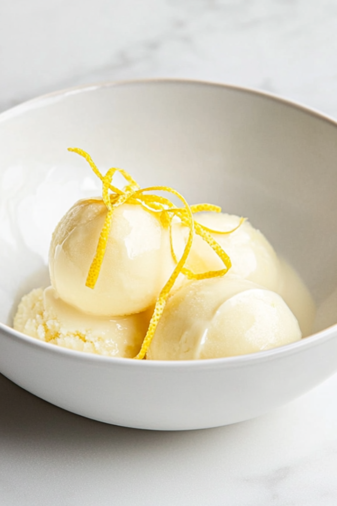 Top-down view of a refreshing homemade lemon sorbet served in a clean white ceramic bowl. The pale yellow sorbet is neatly scooped and topped with thin lemon zest strips for a fresh, citrusy finish. Placed on a simple white marble countertop, this photo showcases the smooth frozen texture and elegant presentation of the final dessert.