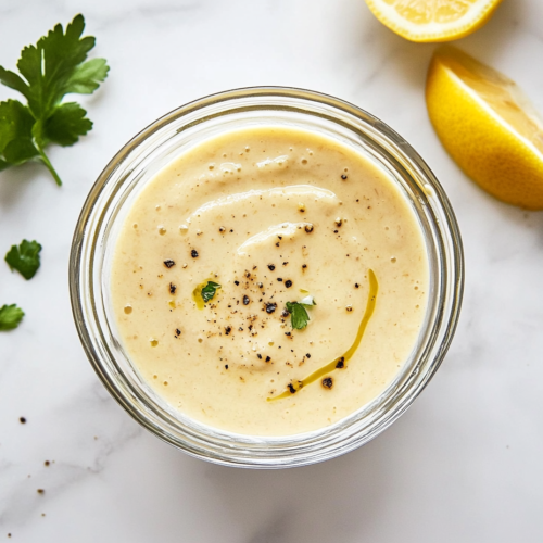 A bowl of creamy lemon garlic sauce is shown placed on a clean white marble countertop. The sauce is pale yellow, smooth, and garnished with chopped parsley and chives. The surrounding area is clean and minimal, highlighting the simplicity and freshness of the finished dip, perfect for spreading or dipping.
