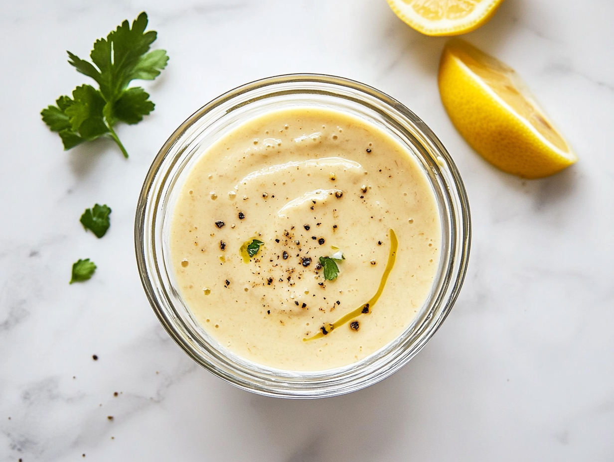 A bowl of creamy lemon garlic sauce is shown placed on a clean white marble countertop. The sauce is pale yellow, smooth, and garnished with chopped parsley and chives. The surrounding area is clean and minimal, highlighting the simplicity and freshness of the finished dip, perfect for spreading or dipping.