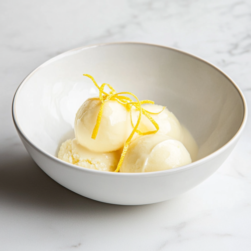 Top-down view of a refreshing homemade lemon sorbet served in a clean white ceramic bowl. The pale yellow sorbet is neatly scooped and topped with thin lemon zest strips for a fresh, citrusy finish. Placed on a simple white marble countertop, this photo showcases the smooth frozen texture and elegant presentation of the final dessert.