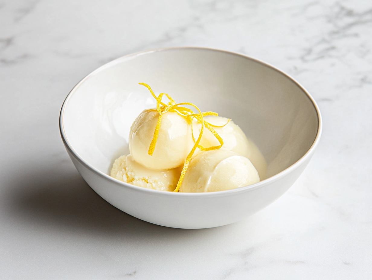 Top-down view of a refreshing homemade lemon sorbet served in a clean white ceramic bowl. The pale yellow sorbet is neatly scooped and topped with thin lemon zest strips for a fresh, citrusy finish. Placed on a simple white marble countertop, this photo showcases the smooth frozen texture and elegant presentation of the final dessert.