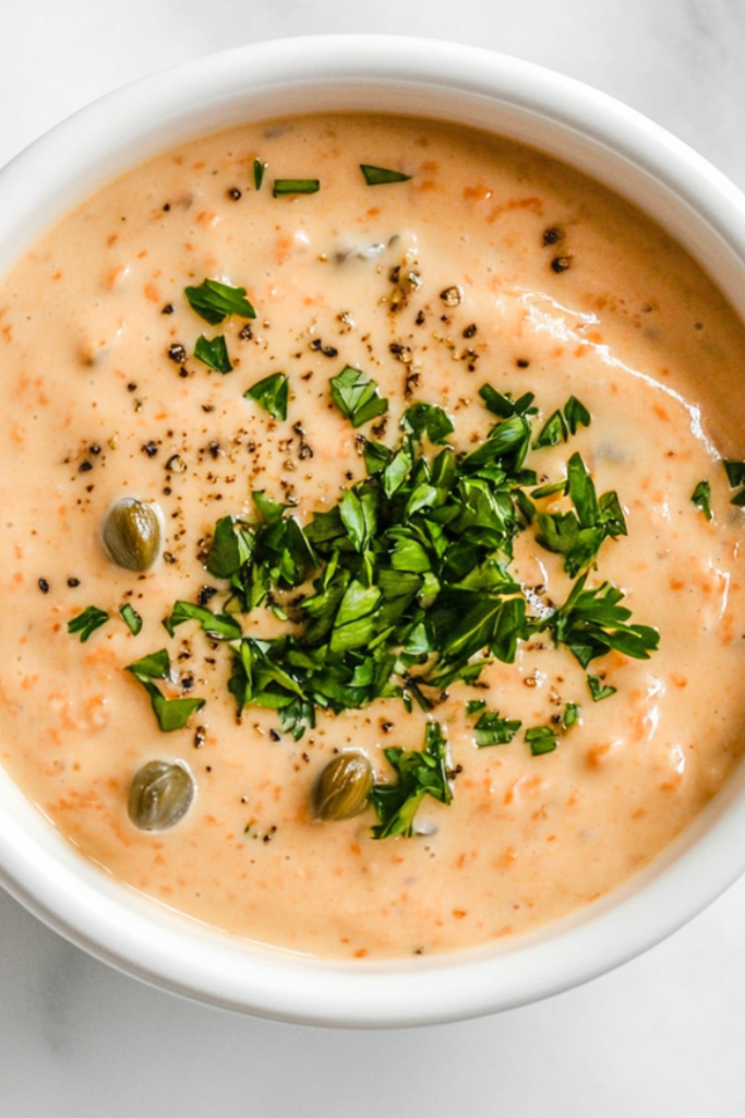 A top-down view of a white ceramic bowl filled with rich, creamy remoulade sauce. The sauce is light orange in color with visible flecks of chopped herbs and spices, giving it a textured appearance. The bowl is placed on a simple white marble countertop with no extra elements, focusing entirely on the freshness and creamy consistency of the homemade sauce perfect for serving with seafood or fried snacks.
