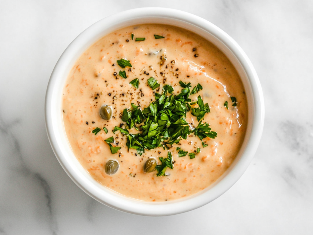 A top-down view of a white ceramic bowl filled with rich, creamy remoulade sauce. The sauce is light orange in color with visible flecks of chopped herbs and spices, giving it a textured appearance. The bowl is placed on a simple white marble countertop with no extra elements, focusing entirely on the freshness and creamy consistency of the homemade sauce perfect for serving with seafood or fried snacks.