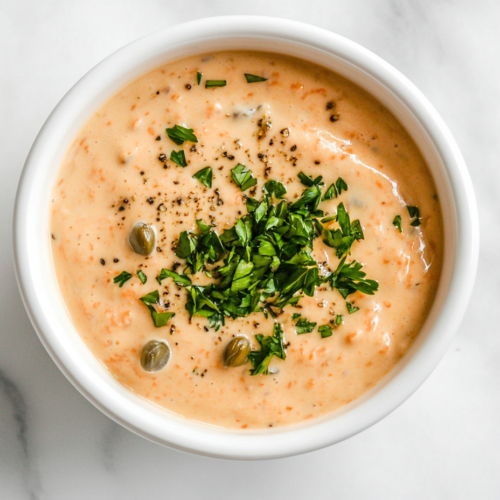 A top-down view of a white ceramic bowl filled with rich, creamy remoulade sauce. The sauce is light orange in color with visible flecks of chopped herbs and spices, giving it a textured appearance. The bowl is placed on a simple white marble countertop with no extra elements, focusing entirely on the freshness and creamy consistency of the homemade sauce perfect for serving with seafood or fried snacks.