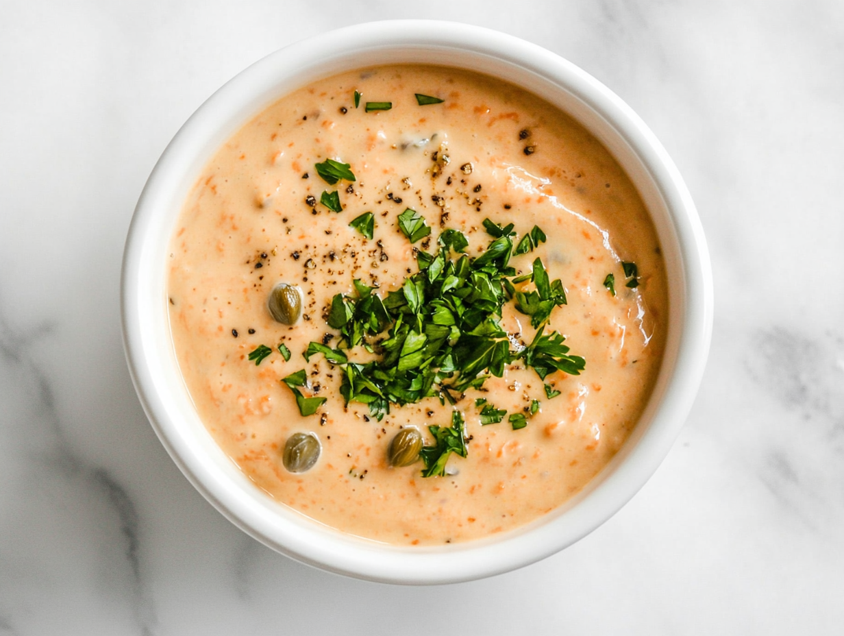 A top-down view of a white ceramic bowl filled with rich, creamy remoulade sauce. The sauce is light orange in color with visible flecks of chopped herbs and spices, giving it a textured appearance. The bowl is placed on a simple white marble countertop with no extra elements, focusing entirely on the freshness and creamy consistency of the homemade sauce perfect for serving with seafood or fried snacks.