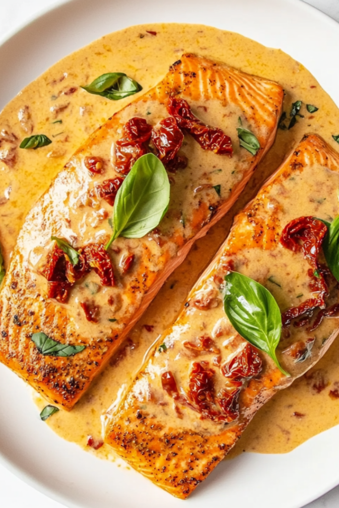 A beautifully plated dish featuring golden-brown salmon fillets served with a creamy garlic butter sauce, sun-dried tomatoes, Parmesan, and fresh basil. The vibrant colors and rich texture make it an irresistible, flavorful meal perfect for any occasion.