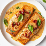 A beautifully plated dish featuring golden-brown salmon fillets served with a creamy garlic butter sauce, sun-dried tomatoes, Parmesan, and fresh basil. The vibrant colors and rich texture make it an irresistible, flavorful meal perfect for any occasion.