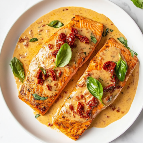A beautifully plated dish featuring golden-brown salmon fillets served with a creamy garlic butter sauce, sun-dried tomatoes, Parmesan, and fresh basil. The vibrant colors and rich texture make it an irresistible, flavorful meal perfect for any occasion.
