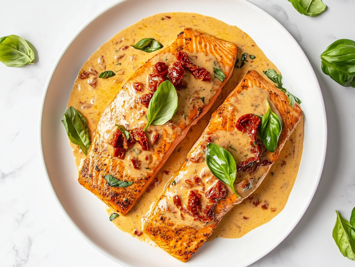 A beautifully plated dish featuring golden-brown salmon fillets served with a creamy garlic butter sauce, sun-dried tomatoes, Parmesan, and fresh basil. The vibrant colors and rich texture make it an irresistible, flavorful meal perfect for any occasion.