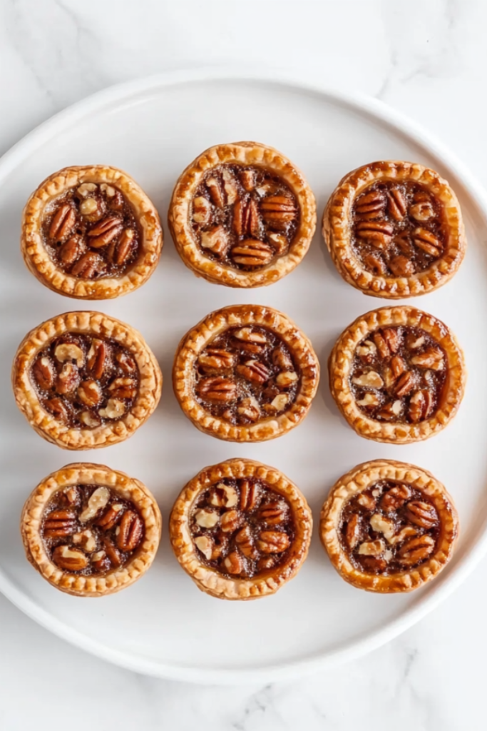 A top-down view of freshly baked golden mini pecan pies arranged on a white ceramic plate over a clean white marble countertop. The pies have a shiny, caramelized pecan topping and a flaky crust, capturing the homemade warmth and richness of this classic dessert. Perfectly baked and ready to enjoy with family or guests.