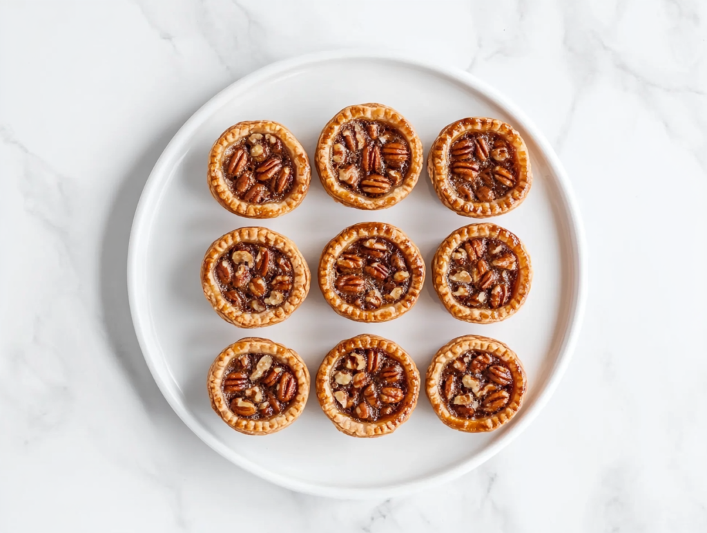 A top-down view of freshly baked golden mini pecan pies arranged on a white ceramic plate over a clean white marble countertop. The pies have a shiny, caramelized pecan topping and a flaky crust, capturing the homemade warmth and richness of this classic dessert. Perfectly baked and ready to enjoy with family or guests.