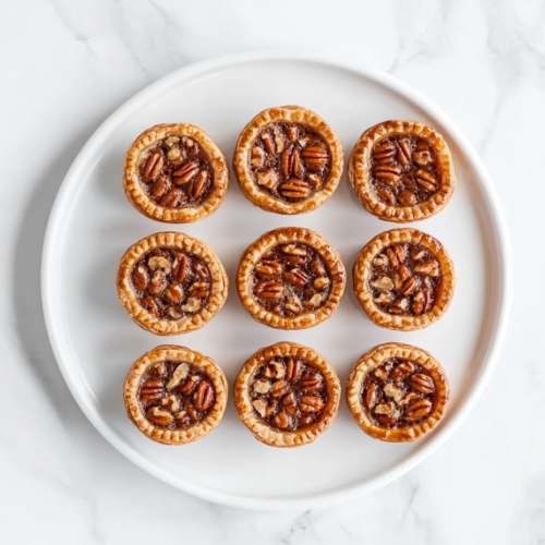 A top-down view of freshly baked golden mini pecan pies arranged on a white ceramic plate over a clean white marble countertop. The pies have a shiny, caramelized pecan topping and a flaky crust, capturing the homemade warmth and richness of this classic dessert. Perfectly baked and ready to enjoy with family or guests.
