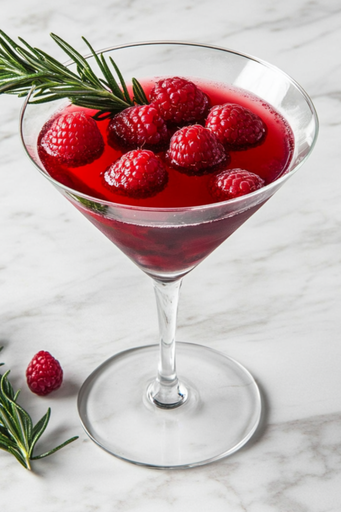 Top-down view of a beautifully crafted Mistletoe Martini served in a clear martini glass placed on a white marble countertop. The cocktail is a vibrant cherry red, garnished with fresh raspberries and a sprig of rosemary, highlighting its festive appeal. The clean background adds elegance and keeps the viewer's focus on the cocktail. This image visually represents the final drink, ideal for holiday cocktail menus, seasonal social media posts, or recipe blogs looking to showcase holiday-themed cocktails with a sophisticated presentation.
