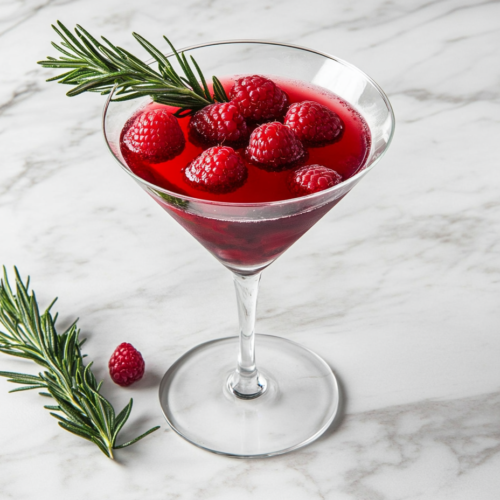 Top-down view of a beautifully crafted Mistletoe Martini served in a clear martini glass placed on a white marble countertop. The cocktail is a vibrant cherry red, garnished with fresh raspberries and a sprig of rosemary, highlighting its festive appeal. The clean background adds elegance and keeps the viewer's focus on the cocktail. This image visually represents the final drink, ideal for holiday cocktail menus, seasonal social media posts, or recipe blogs looking to showcase holiday-themed cocktails with a sophisticated presentation.