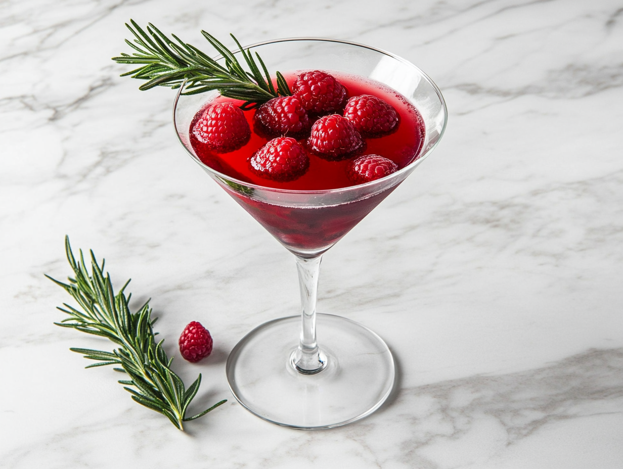 Top-down view of a beautifully crafted Mistletoe Martini served in a clear martini glass placed on a white marble countertop. The cocktail is a vibrant cherry red, garnished with fresh raspberries and a sprig of rosemary, highlighting its festive appeal. The clean background adds elegance and keeps the viewer's focus on the cocktail. This image visually represents the final drink, ideal for holiday cocktail menus, seasonal social media posts, or recipe blogs looking to showcase holiday-themed cocktails with a sophisticated presentation.