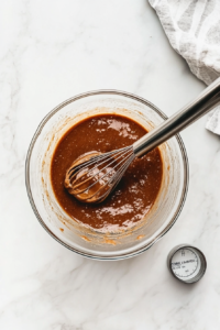 A glass mixing bowl sits on a clean white marble countertop with pancake batter made from Kodiak Cakes Powercakes Mix and water. A stainless steel whisk is partially submerged in the smooth batter, ensuring even mixing. A measuring cup with leftover pancake mix is placed beside the bowl, ready for the next step.