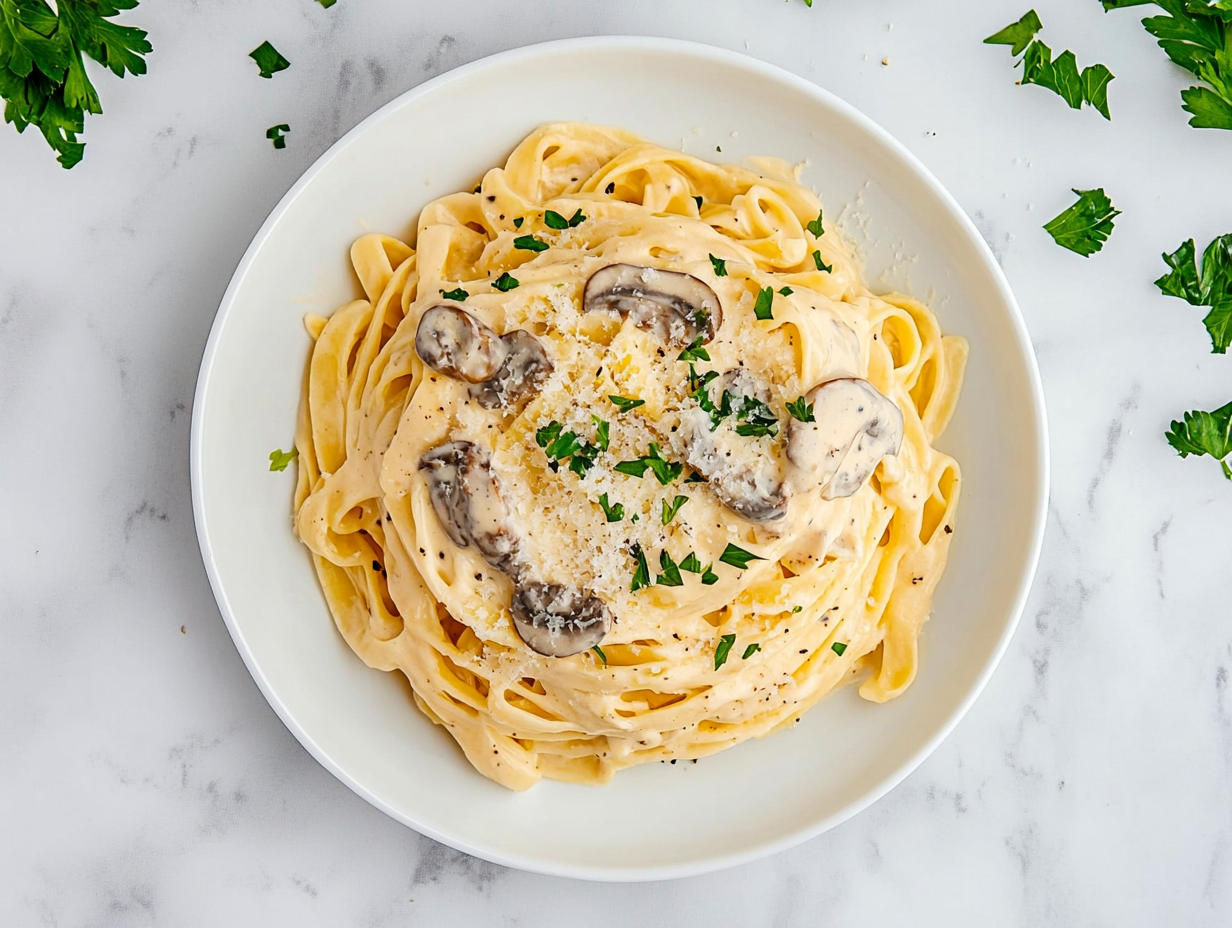 Top-down view of creamy mushroom fettuccine pasta served on a white ceramic plate over a white marble countertop. The pasta is generously coated in a rich cream sauce filled with mushrooms and parmesan, then garnished with fresh chopped parsley. The dish looks elegant, warm, and inviting, perfect for a cozy dinner.