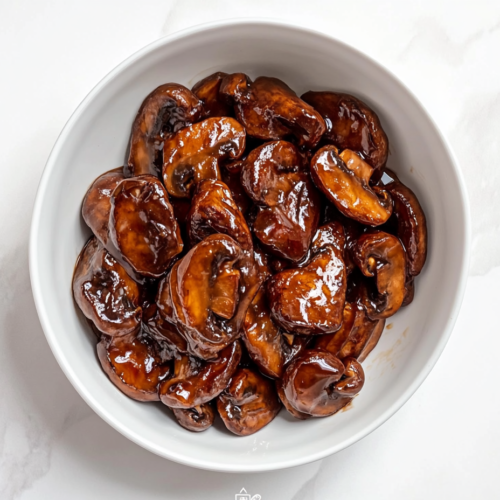 A top-down view of glossy garlic butter mushrooms served in a clean white bowl, placed on a white marble countertop. The mushrooms are perfectly cooked and coated in a rich brown oyster sauce glaze. The dish looks warm, flavorful, and comforting, ideal to pair with Instant Pot Calrose Rice or crispy Breaded Chinese Chicken.
