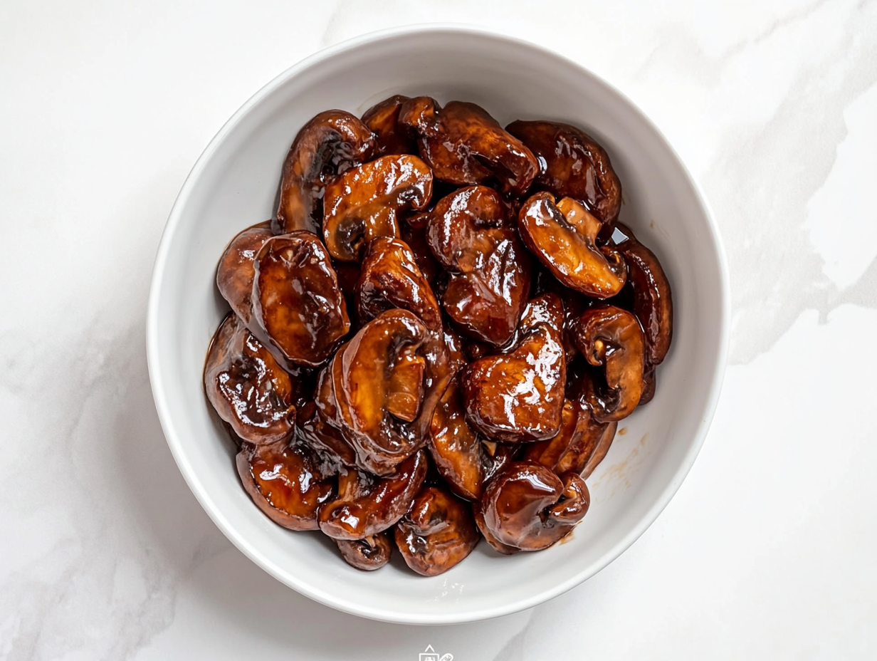 A top-down view of glossy garlic butter mushrooms served in a clean white bowl, placed on a white marble countertop. The mushrooms are perfectly cooked and coated in a rich brown oyster sauce glaze. The dish looks warm, flavorful, and comforting, ideal to pair with Instant Pot Calrose Rice or crispy Breaded Chinese Chicken.