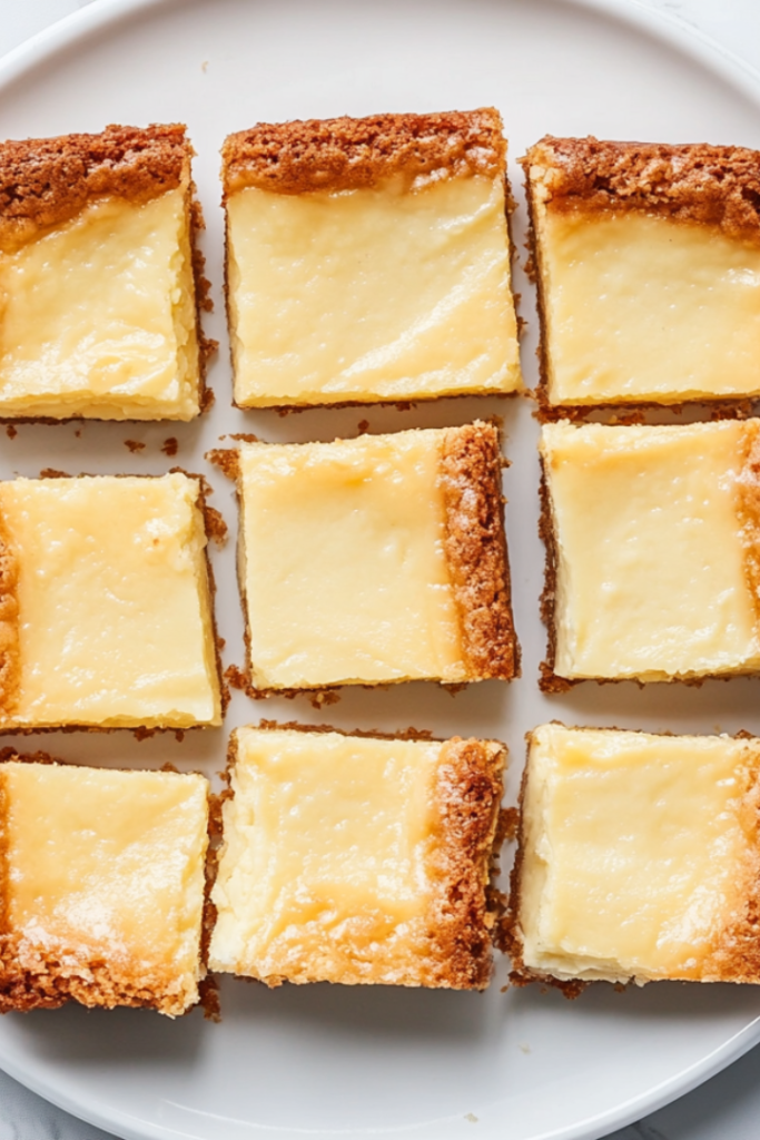 A top-down view of freshly baked cream cheese gooey butter bars cut into perfect squares and arranged on a white ceramic plate placed on a white marble countertop. The golden crust and creamy top layer show the rich texture and layered look. The clean, minimal setup highlights the dessert’s homemade quality and inviting appeal.