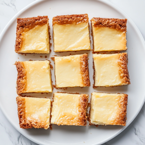 A top-down view of freshly baked cream cheese gooey butter bars cut into perfect squares and arranged on a white ceramic plate placed on a white marble countertop. The golden crust and creamy top layer show the rich texture and layered look. The clean, minimal setup highlights the dessert’s homemade quality and inviting appeal.