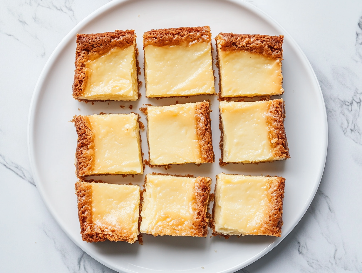 A top-down view of freshly baked cream cheese gooey butter bars cut into perfect squares and arranged on a white ceramic plate placed on a white marble countertop. The golden crust and creamy top layer show the rich texture and layered look. The clean, minimal setup highlights the dessert’s homemade quality and inviting appeal.