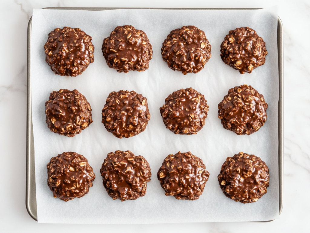 A top-down view of several no-bake chocolate oatmeal cookies placed neatly on a tray lined with parchment paper. The cookies are round, dark chocolate brown with visible oats, and slightly glossy from the peanut butter and cocoa mixture. They rest on a white marble countertop, cooled and ready to serve or store.