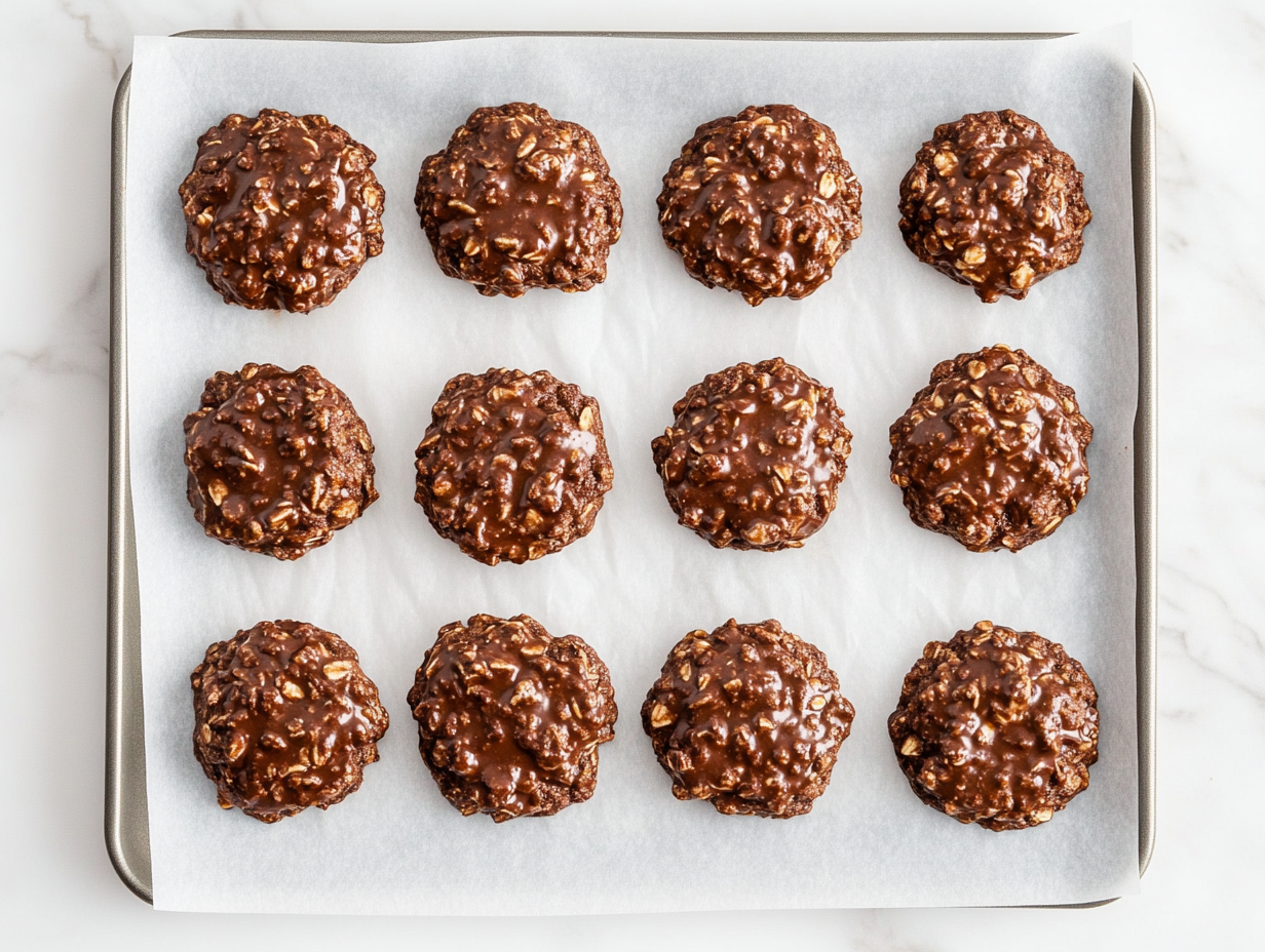 A top-down view of several no-bake chocolate oatmeal cookies placed neatly on a tray lined with parchment paper. The cookies are round, dark chocolate brown with visible oats, and slightly glossy from the peanut butter and cocoa mixture. They rest on a white marble countertop, cooled and ready to serve or store.