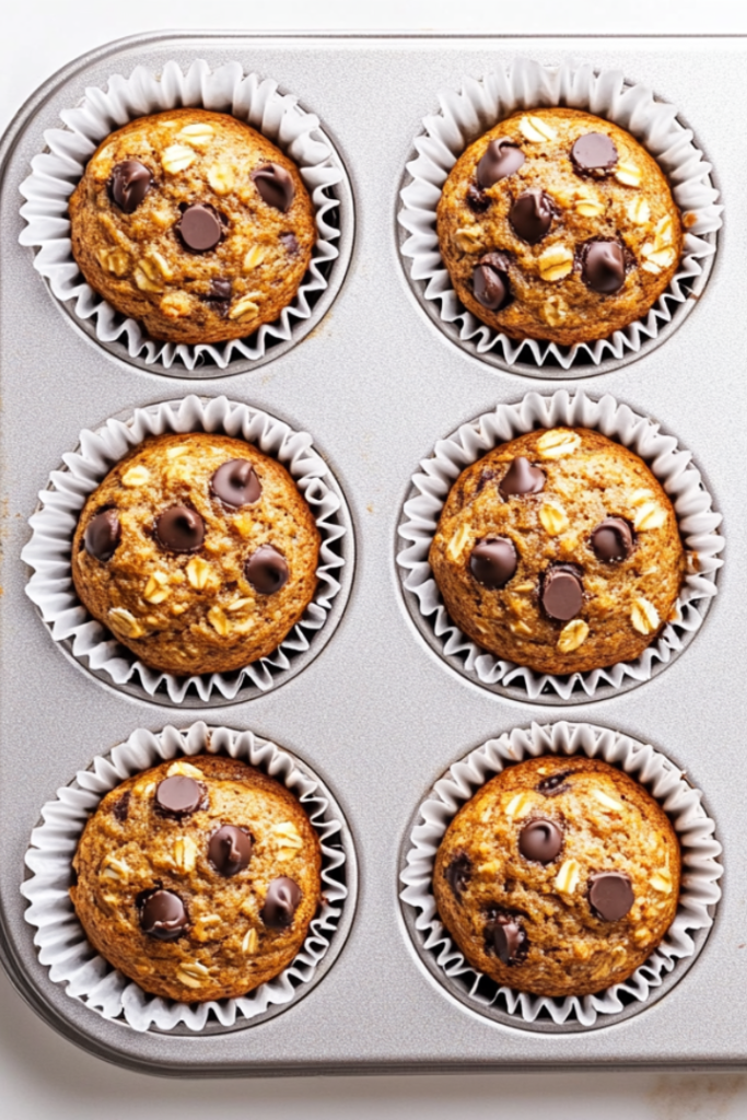 Top-down view of golden brown banana oat muffins with melted chocolate chips, arranged in white paper liners in a muffin pan. The muffins look soft and fluffy with a slightly crisp top. They are placed on a clean white marble countertop, and the scene is well-lit with a warm, homemade feel.