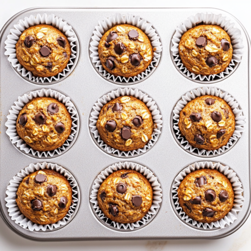 Top-down view of golden brown banana oat muffins with melted chocolate chips, arranged in white paper liners in a muffin pan. The muffins look soft and fluffy with a slightly crisp top. They are placed on a clean white marble countertop, and the scene is well-lit with a warm, homemade feel.