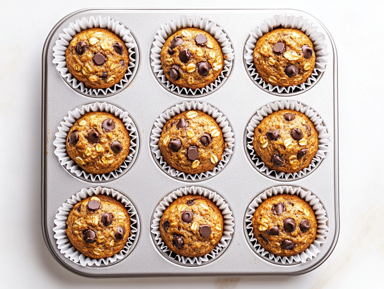Top-down view of golden brown banana oat muffins with melted chocolate chips, arranged in white paper liners in a muffin pan. The muffins look soft and fluffy with a slightly crisp top. They are placed on a clean white marble countertop, and the scene is well-lit with a warm, homemade feel.